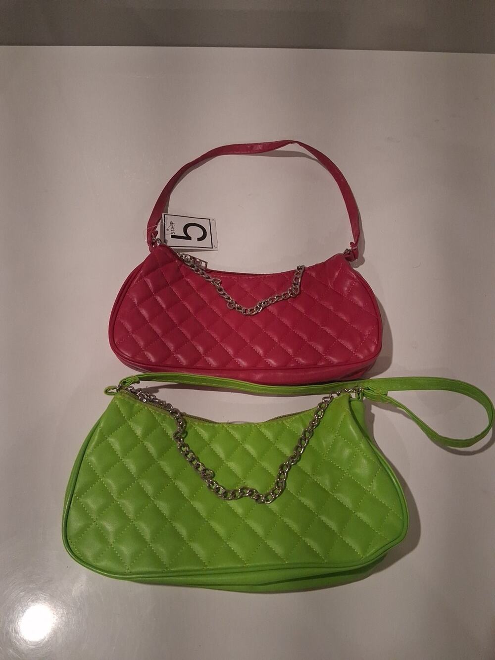 Lot of 2 Quilted Baguette Handbags Pink & Lime Green Y2K Style Chain Strap